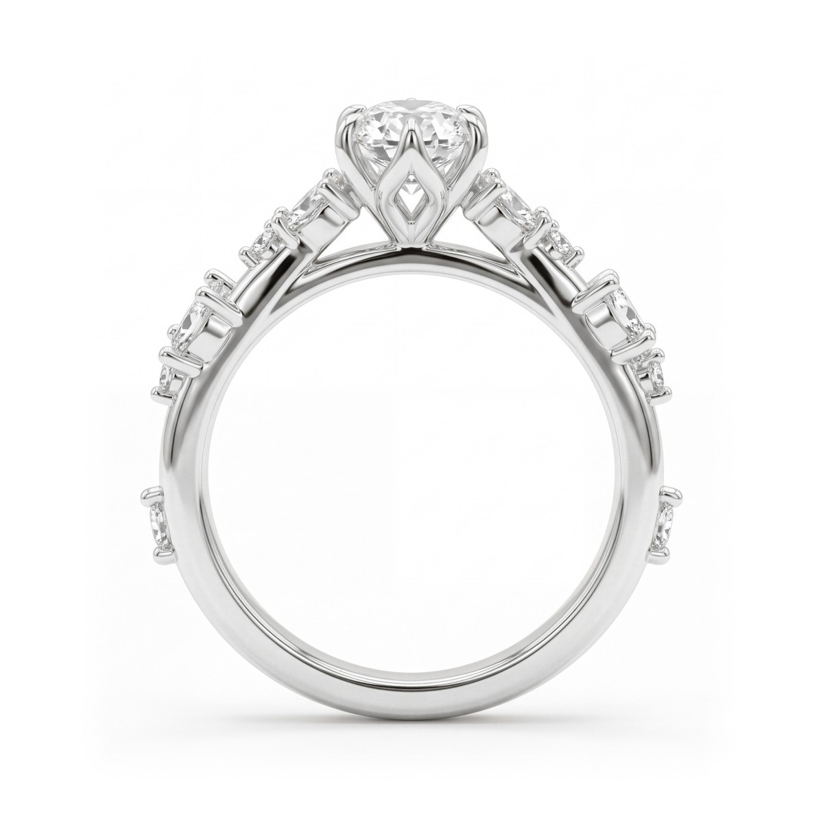 Sylvaine - anello di fidanzamento con moissanite ovale, gruppi di pietre marquise a motivo di foglia e gambo sdoppiato