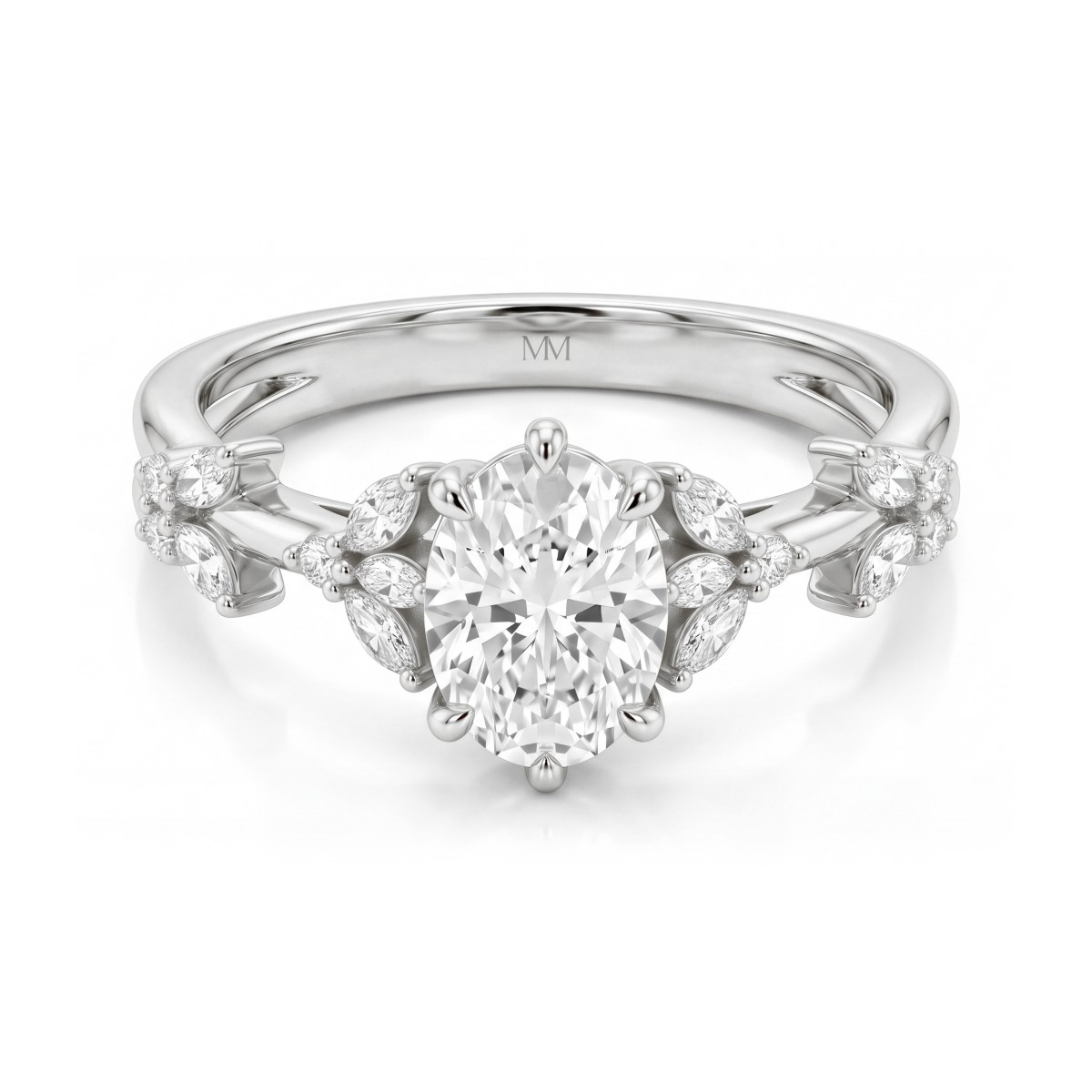 Sylvaine - anello di fidanzamento con moissanite ovale, gruppi di pietre marquise a motivo di foglia e gambo sdoppiato
