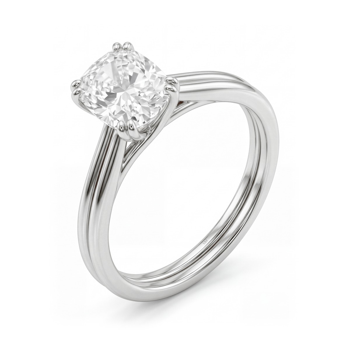 Entwine - anello di fidanzamento con moissanite con taglio a cuscino e doppio corpo dell’anello incrociato