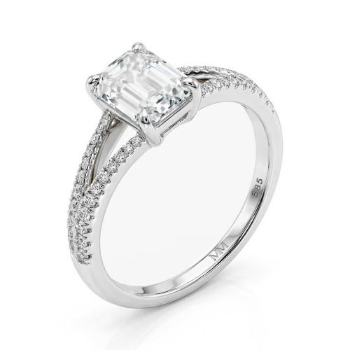 Emelise - anello con moissanite con taglio smeraldo, gambo sdoppiato e pietre laterali