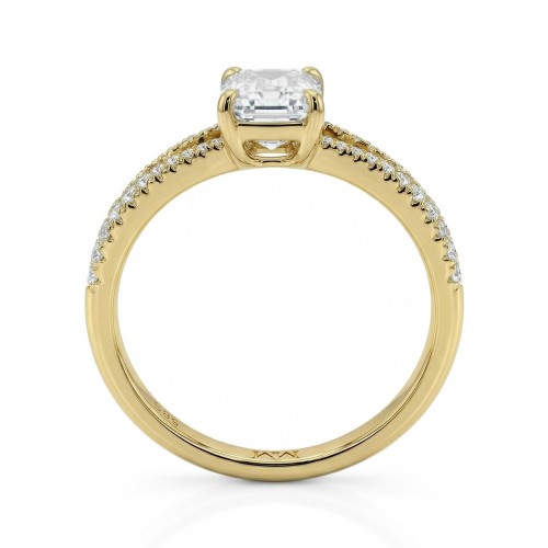 Emelise - anello con moissanite con taglio smeraldo, gambo sdoppiato e pietre laterali