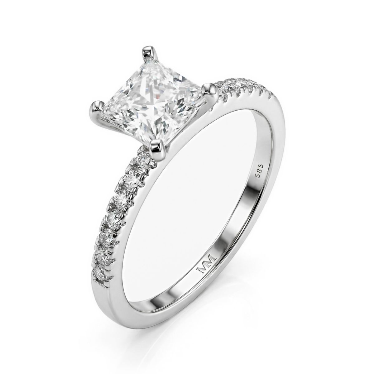 Celestia - anello con moissanite taglio princess e pietre laterali a pavé