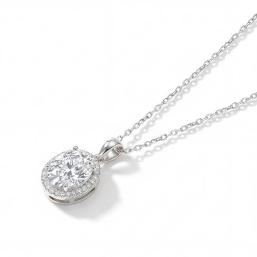 Clarique - classico ciondolo ovale con moissanite e montatura halo a pavé