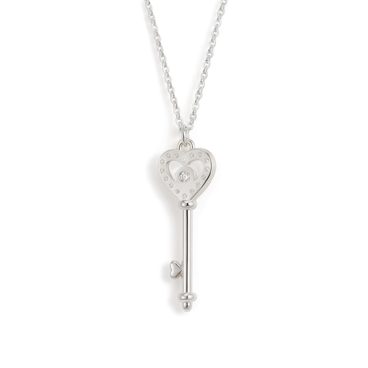 Amore - ciondolo a forma di chiave a cuore con moissanite e incastonatura a pavé