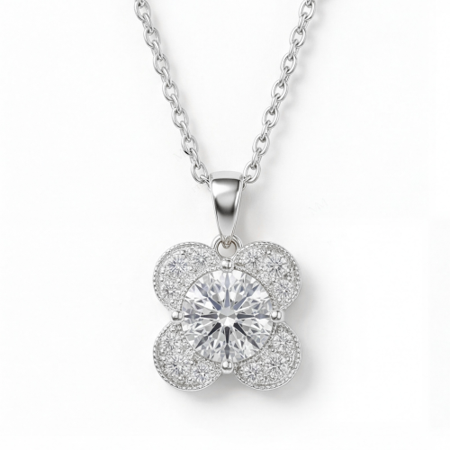 Flora - ciondolo con moissanite dal design a trifoglio e dettagli a pavé