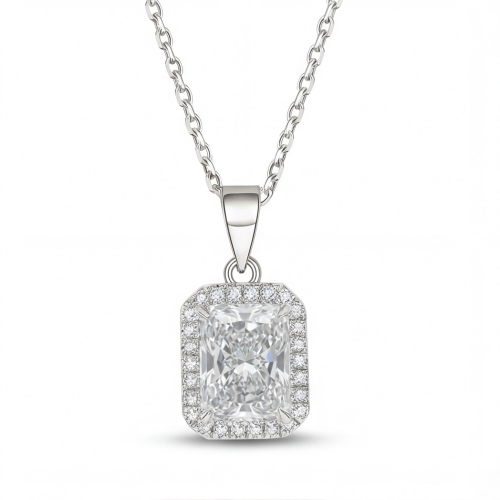 Gemina – ciondolo con moissanite taglio radiant e montatura halo a pavé