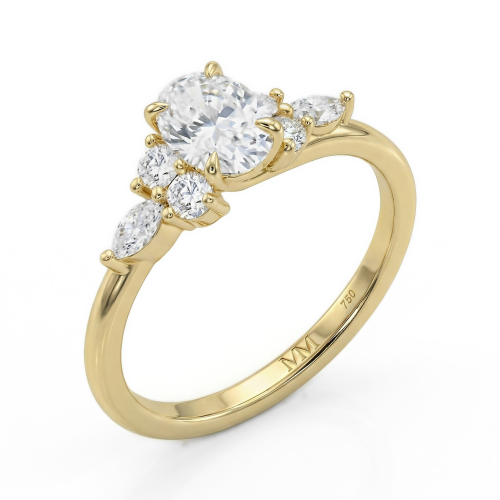 Olivette - anello di fidanzamento con moissanite a taglio ovale e pietre laterali a taglio marquise