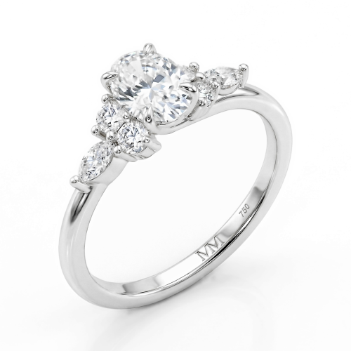 Olivette - anello di fidanzamento con moissanite a taglio ovale e pietre laterali a taglio marquise