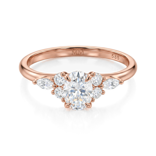 Olivette - anello di fidanzamento con moissanite a taglio ovale e pietre laterali a taglio marquise