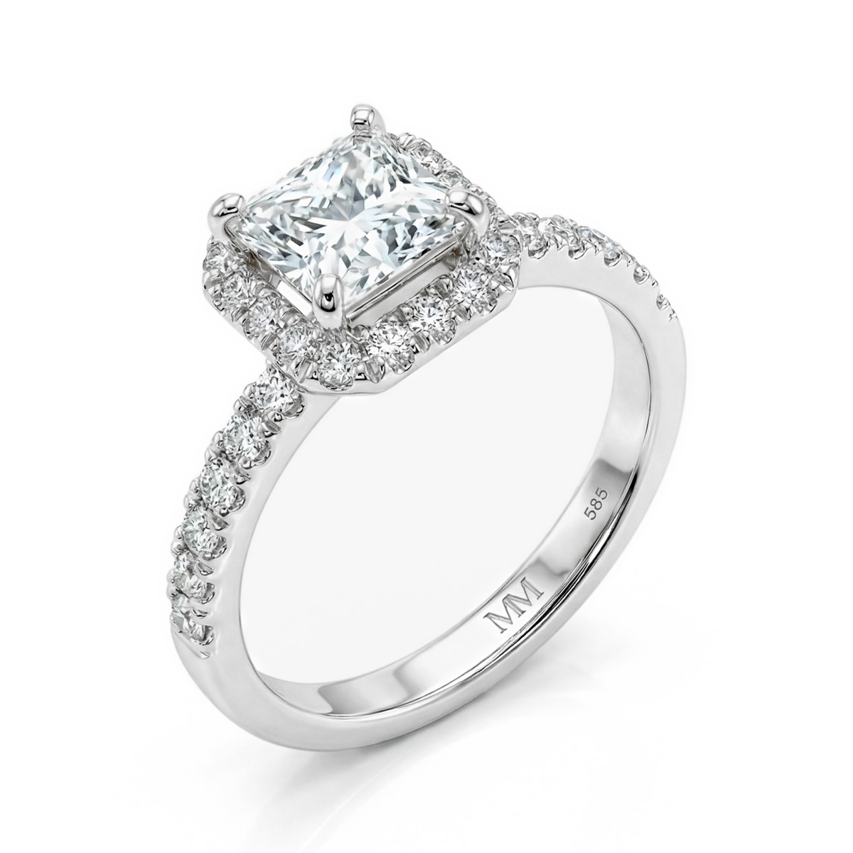 Regalia - anello con moissanite taglio princess, montatura halo e corpo dell’anello con pavé