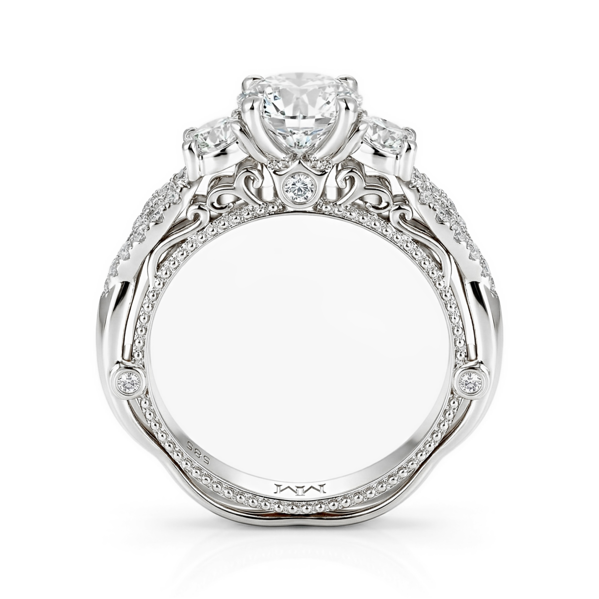 Circe - anello di fidanzamento d’ispirazione vintage con moissanite, pietre laterali e dettagli in filigrana
