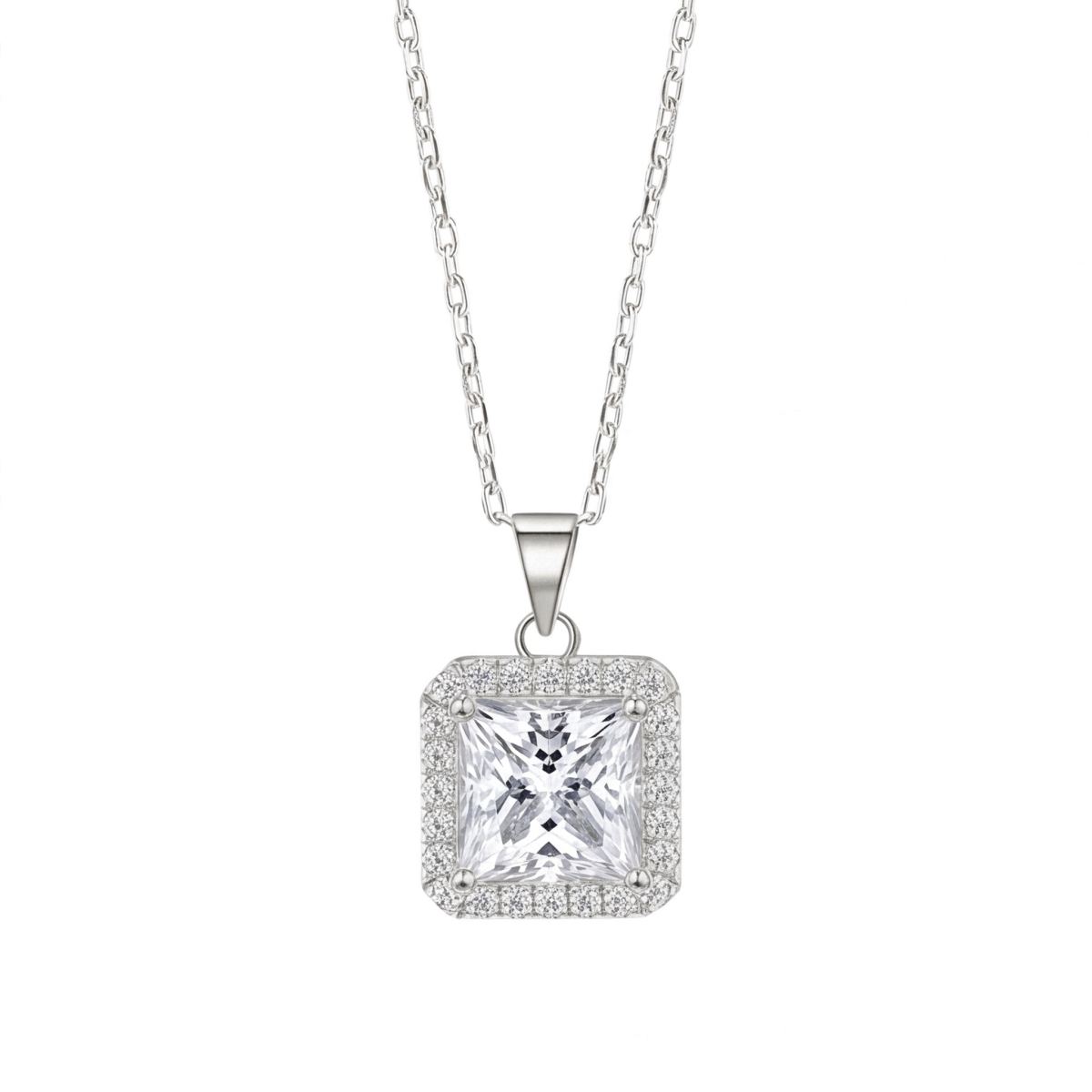 Radiance - ciondolo con moissanite con taglio princess e montatura halo