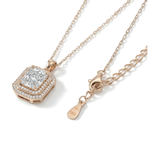 Cristallo - collana con pendente impreziosito da moissanite dal taglio radiant e da una doppia corona di pietre