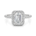 Esmeralda - anello con moissanite taglio smeraldo, montatura halo e pietre laterali