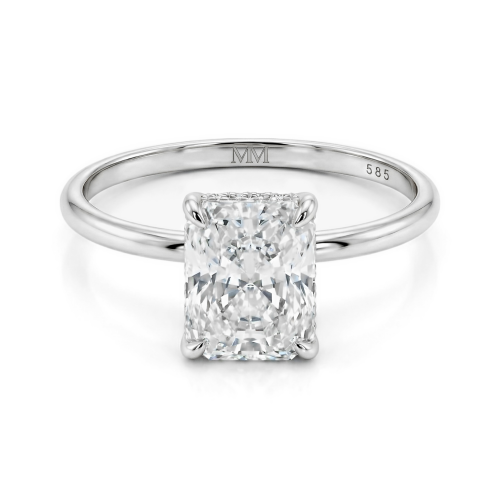 Mirabelle - anello solitario con moissanite taglio radiant, incastonatura a cestello e halo nascosto