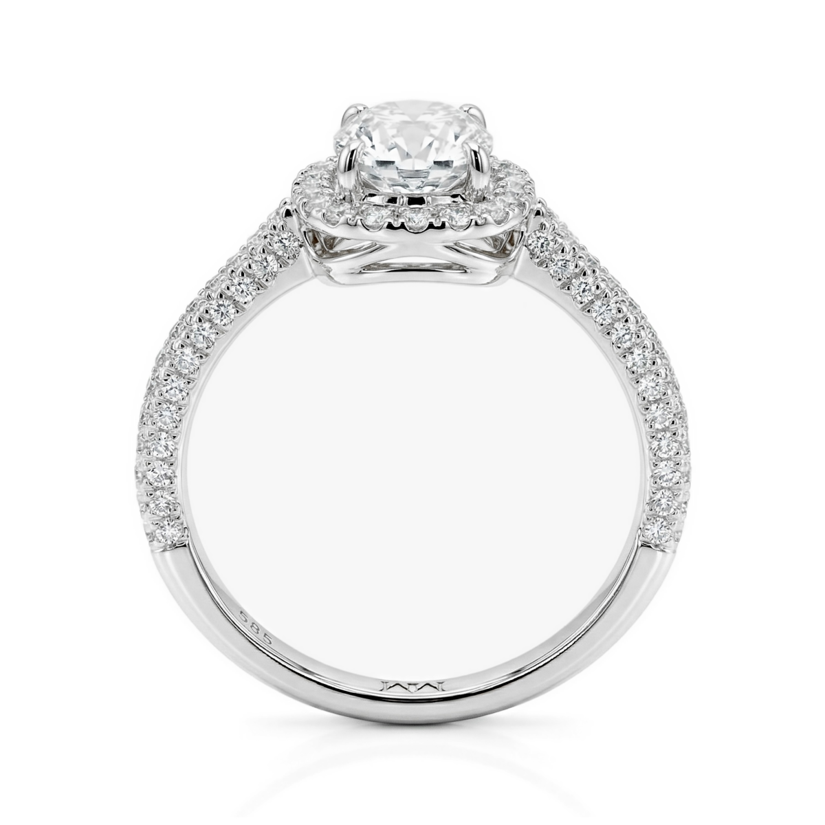 Plushette - anello di fidanzamento con moissanite taglio a cuscino allungato, montatura halo e gambo in micropavé