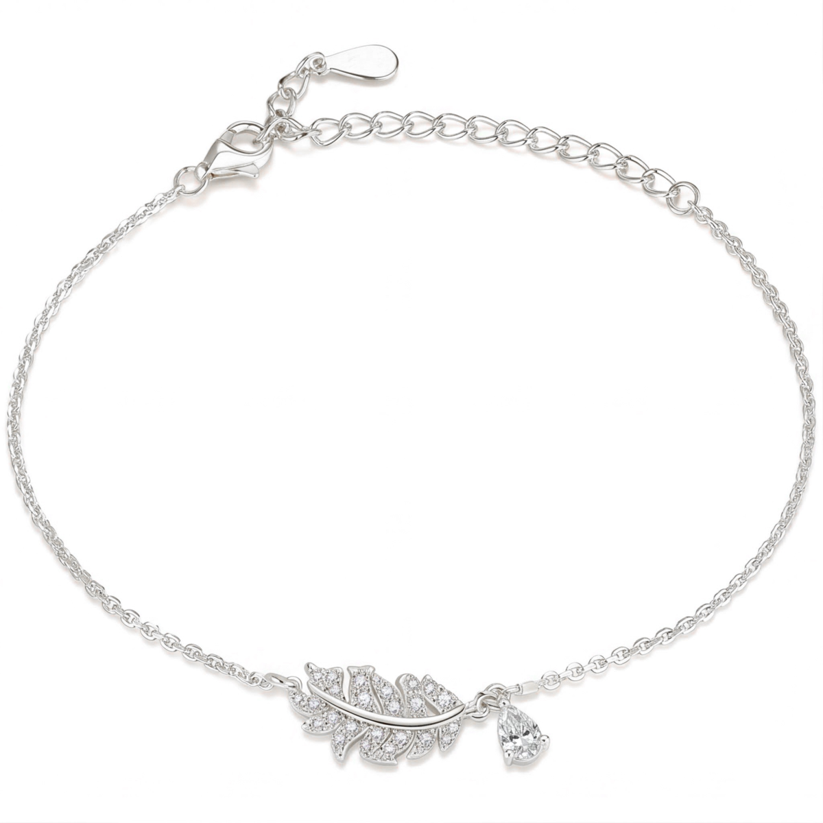 Foliana - bracciale con charm a foglia in moissanite e dettaglio con pietra pendente