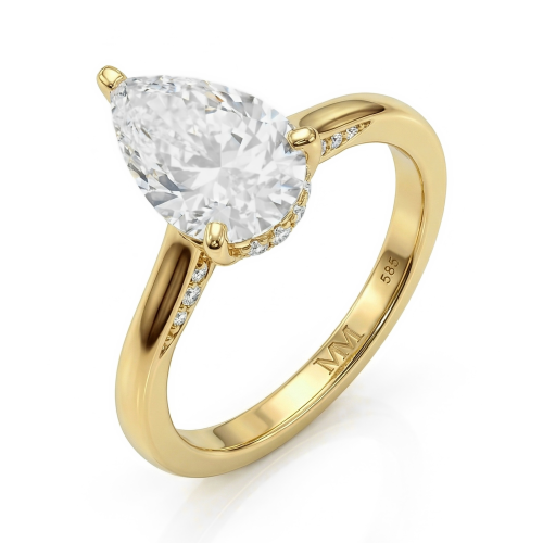 Poirine - anello con moissanite taglio a goccia, halo nascosto e pietre secondarie incastonate a pavé