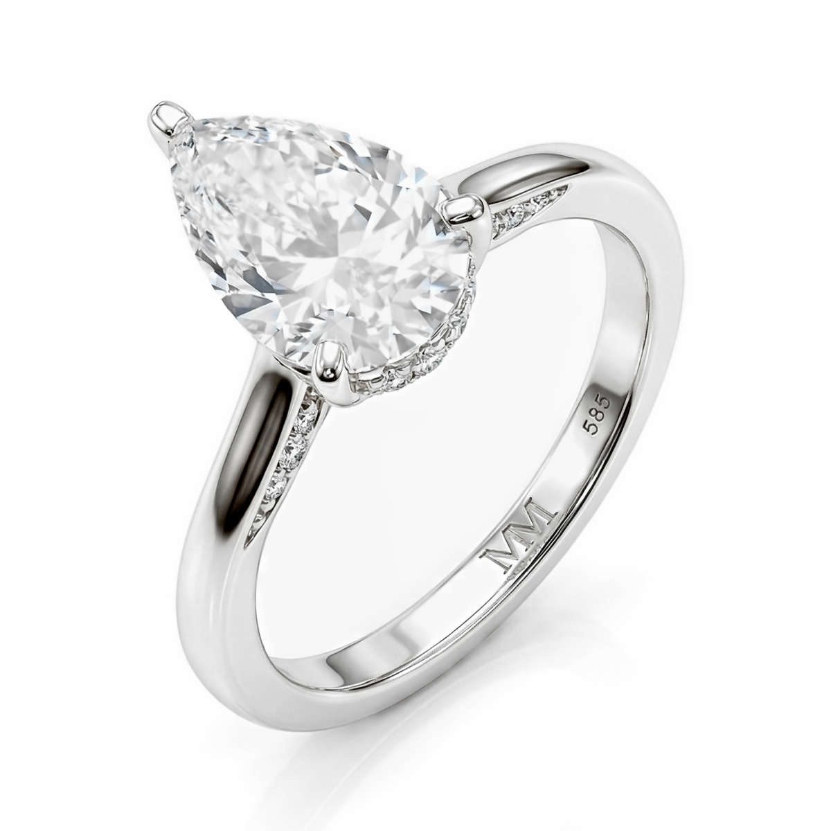 Poirine - anello con moissanite taglio a goccia, halo nascosto e pietre secondarie incastonate a pavé
