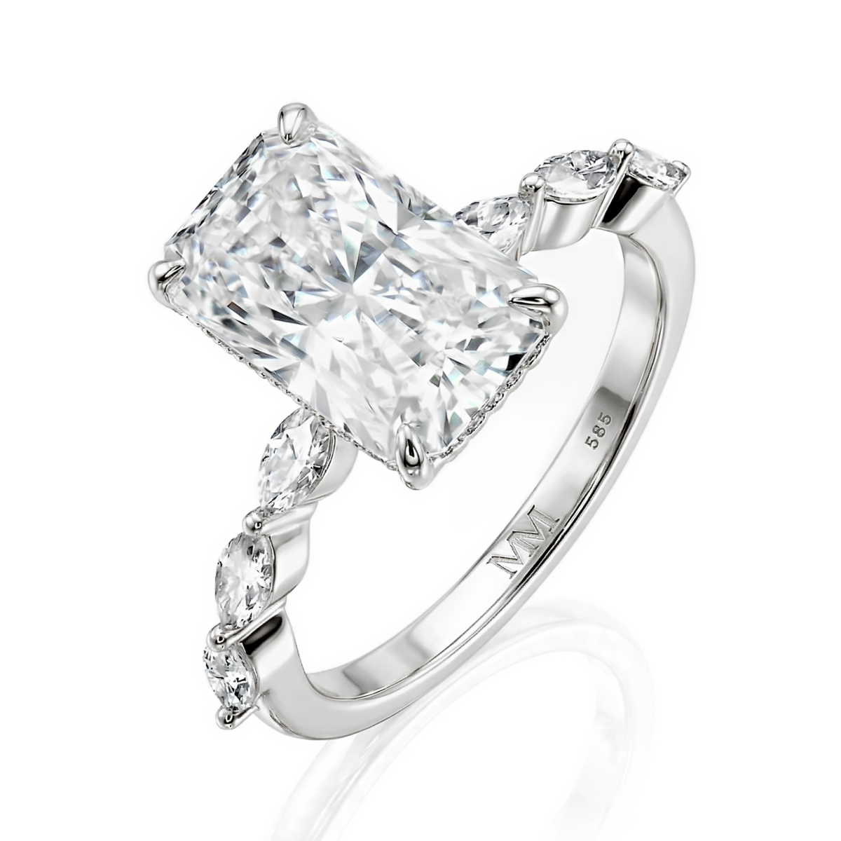 Luminaire - anello con moissanite di taglio radiant, pietre laterali di taglio marquise e halo nascosto