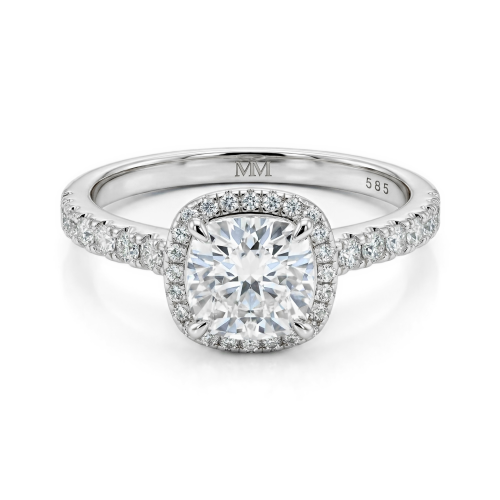 Candesce - anello di fidanzamento con moissanite a taglio cuscino, montatura halo e corpo dell’anello impreziosito
