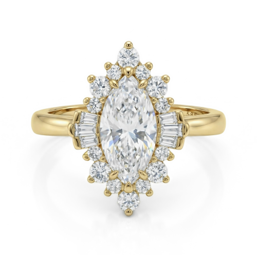 Crownique - anello di fidanzamento con moissanite taglio marquise, montatura halo e dettagli a baguette