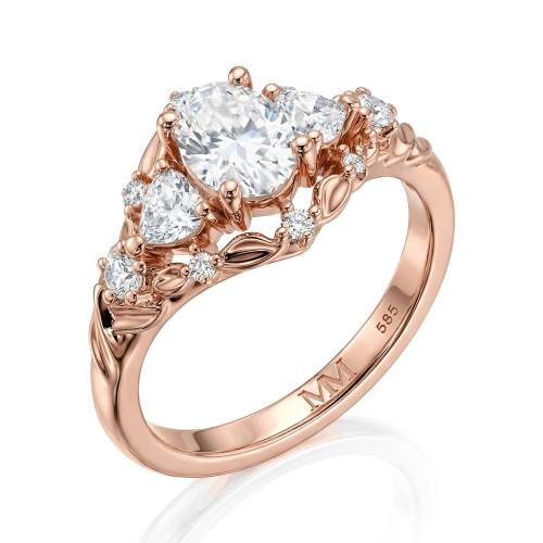 Gardenia - anello di fidanzamento con moissanite ovale e dettagli a cuore e di forma rotonda
