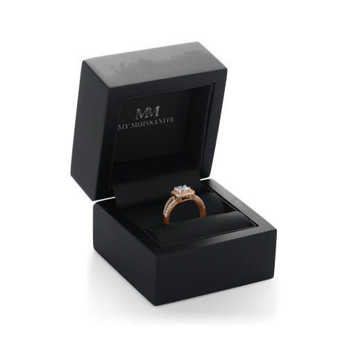 Evora – anello con moissanite, gambo sdoppiato e montatura halo