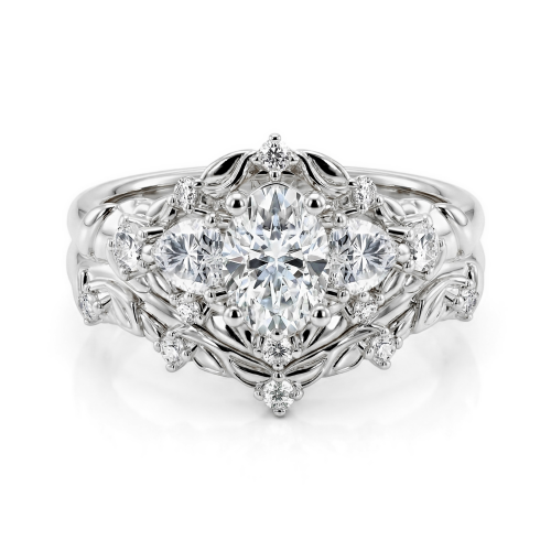 Fiorine - set nuziale con moissanite a taglio ovale e motivo botanico