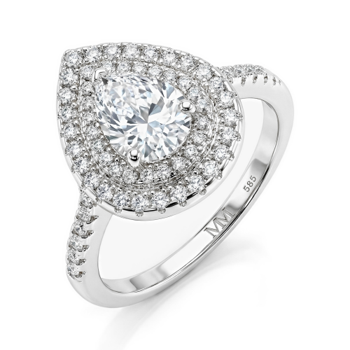 Athena - anello di fidanzamento con moissanite taglio a goccia, doppia corona di pietre e gambo con pavé