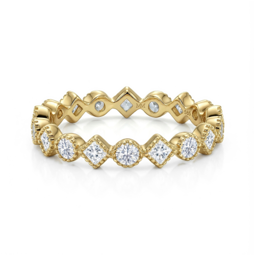 Verona - anello eternity con pietre di moissanite quadrate e rotonde e dettagli milgrain