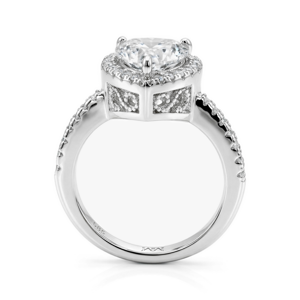 Heartshine - anello con montatura halo, moissanite a cuore e pietre laterali