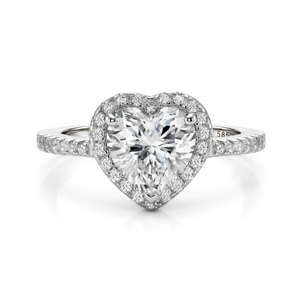 Heartshine - anello con montatura halo, moissanite a cuore e pietre laterali