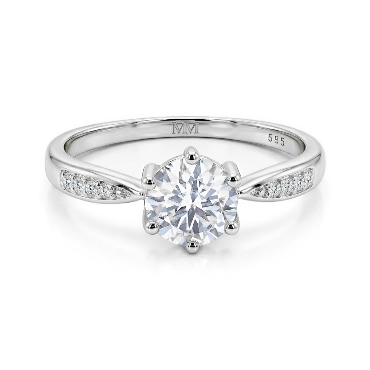 Stellar - anello di fidanzamento con moissanite, pietre laterali incastonate a pavé e gambo sdoppiato