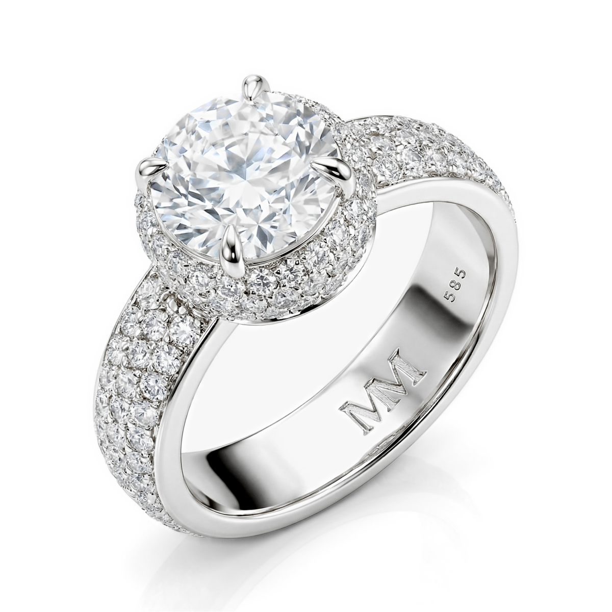 Lustrella - anello di fidanzamento con moissanite in montatura halo e corpo dell’anello con pavé