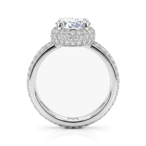 Lustrella - anello di fidanzamento con moissanite, montatura halo e corpo dell’anello a pavé