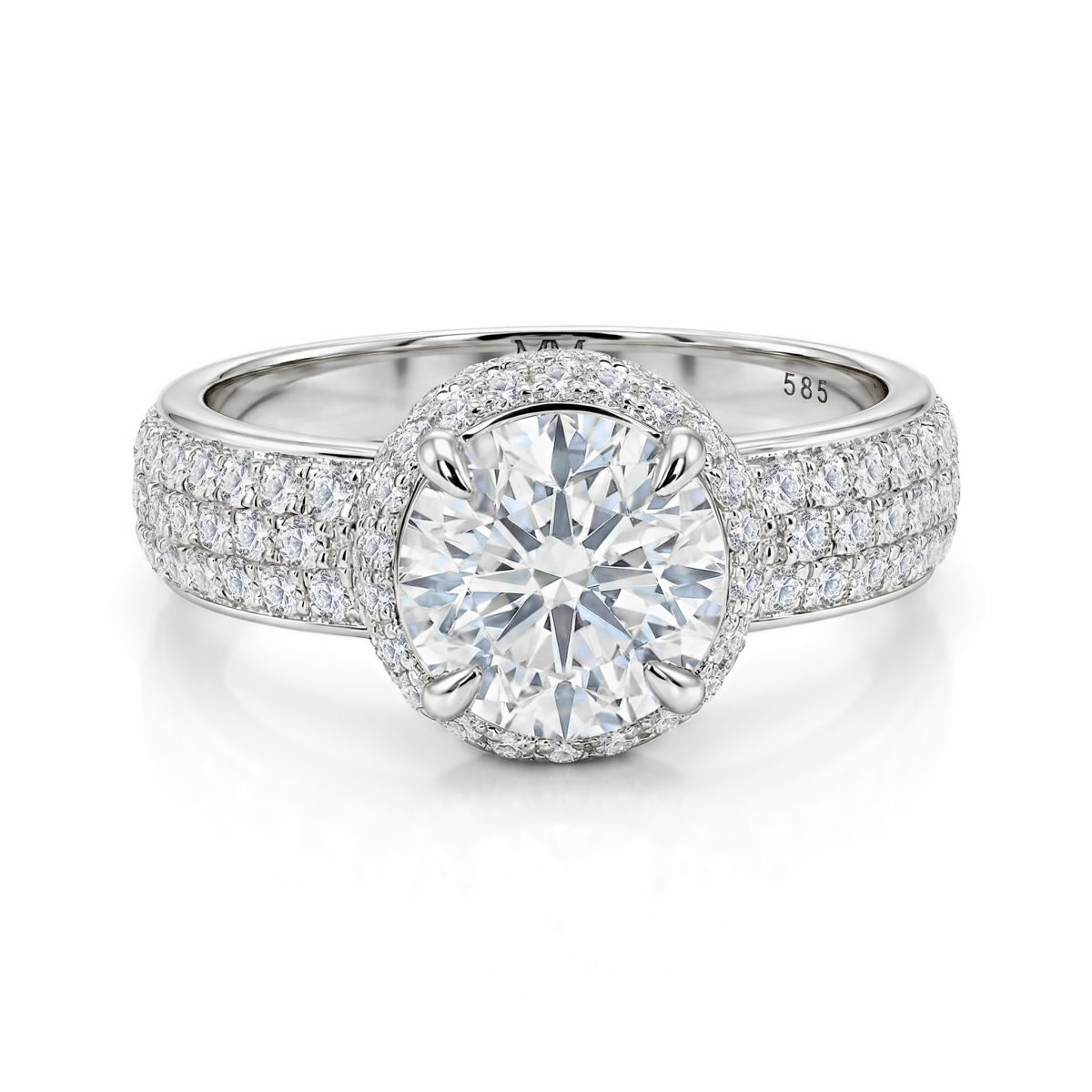 Lustrella - anello di fidanzamento con moissanite in montatura halo e corpo dell’anello con pavé