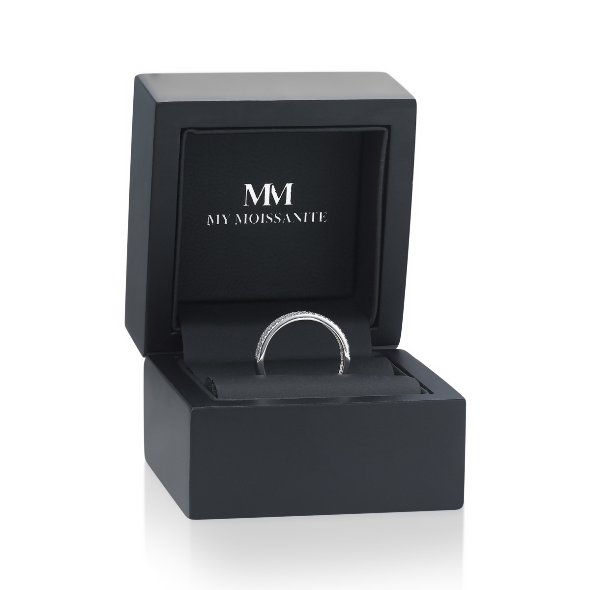 Glissade - anello con moissanite, incastonatura a pavé e corpo dell’anello affusolato