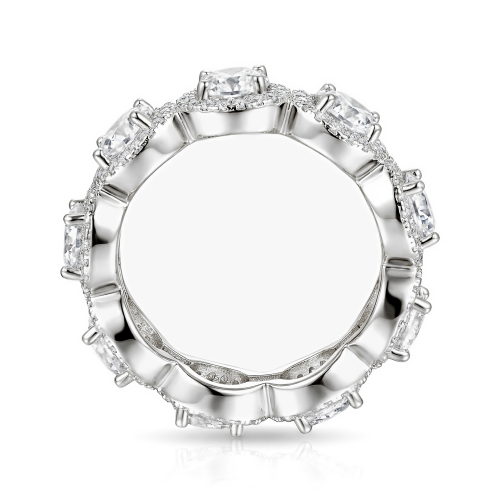 Allegra - anello eternity con moissanite, montatura halo e pietre secondarie