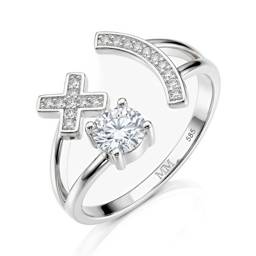 Lexis - anello con moissanite e motivo a croce e mezzaluna con pavé