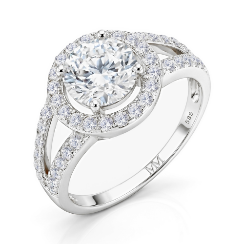 Regalyn - anello di fidanzamento con moissanite, montatura halo e gambo sdoppiato