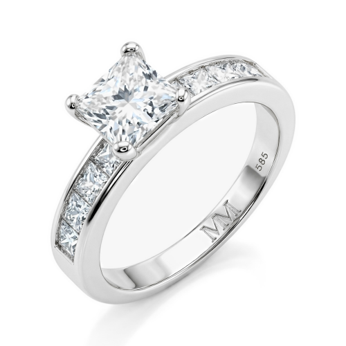 Clarity - anello di fidanzamento con moissanite con taglio princess e pietre laterali incastonate a binario