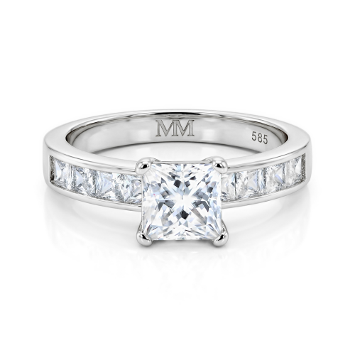 Clarity - anello di fidanzamento con moissanite con taglio princess e pietre laterali incastonate a binario