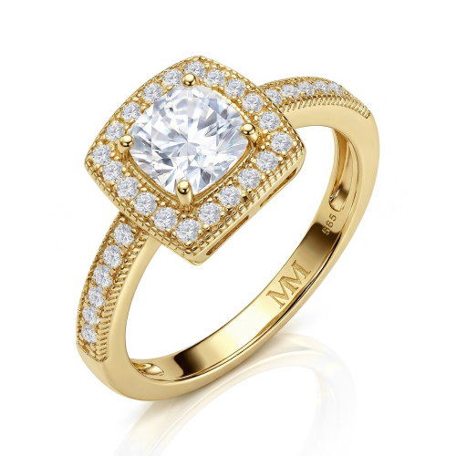 Sanctum - anello di fidanzamento con moissanite con taglio a cuscino, montatura halo vintage e corpo dell’anello con pavé