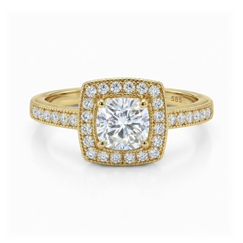 Sanctum - anello di fidanzamento con moissanite con taglio a cuscino, montatura halo vintage e corpo dell’anello con pavé