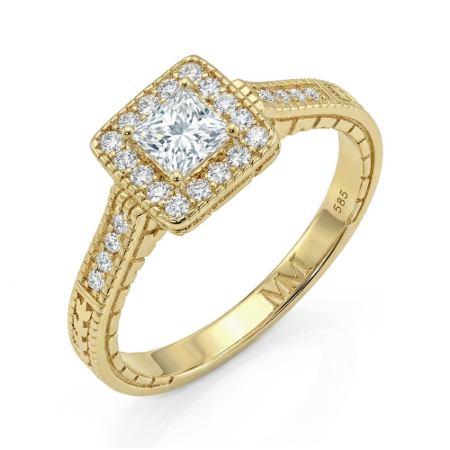 Paragone - anello di fidanzamento halo con moissanite taglio princess e corpo dell’anello dalla superficie lavorata