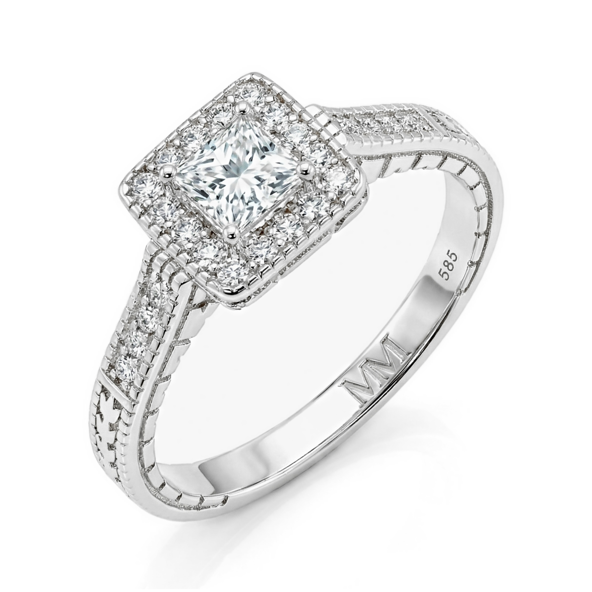 Paragone - anello di fidanzamento halo con moissanite taglio princess e corpo dell’anello dalla superficie lavorata