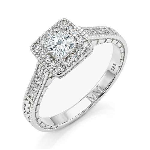 Paragone - anello di fidanzamento halo con moissanite taglio princess e corpo dell’anello dalla superficie lavorata