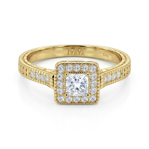Paragone - anello di fidanzamento halo con moissanite taglio princess e corpo dell’anello dalla superficie lavorata