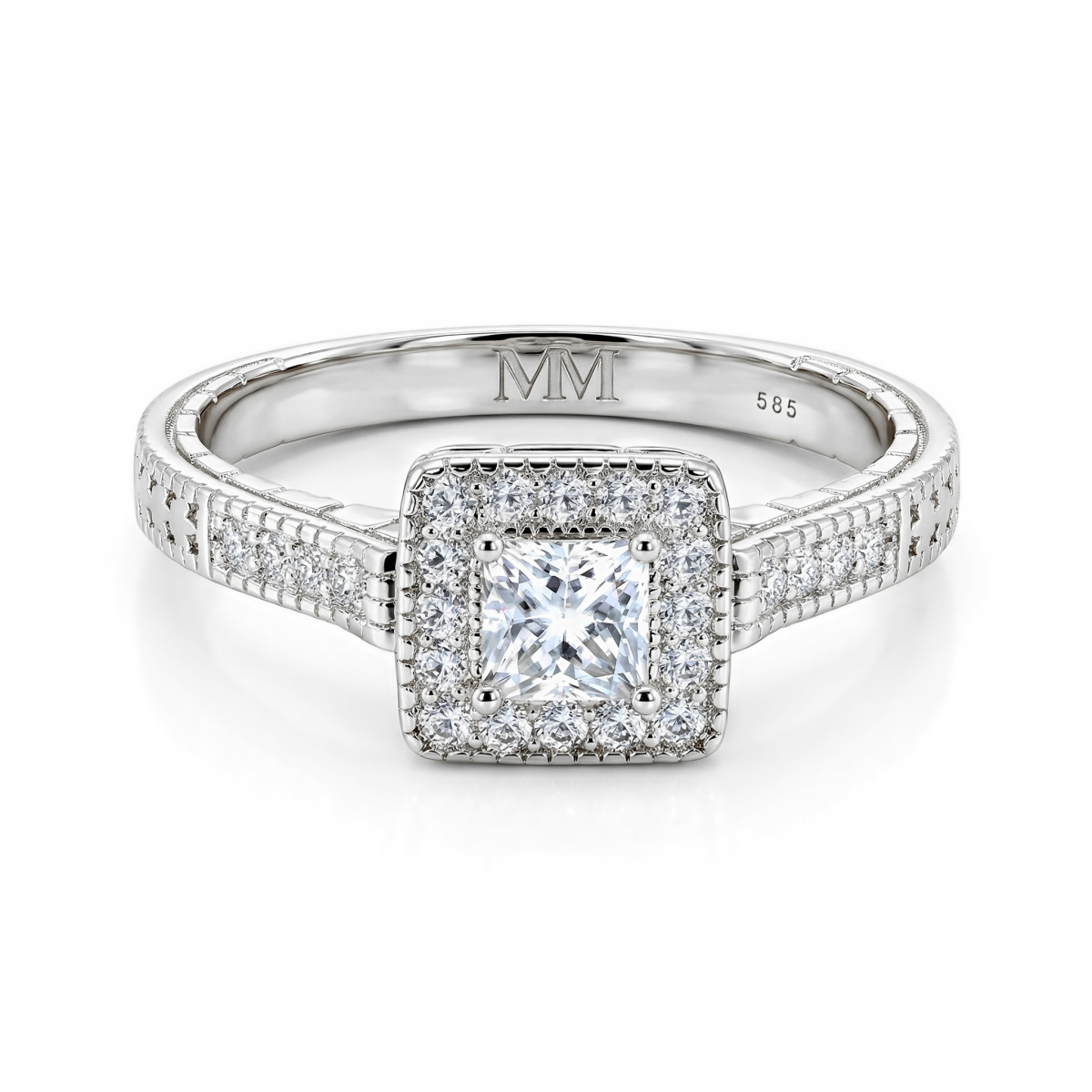 Paragone - anello di fidanzamento halo con moissanite taglio princess e corpo dell’anello dalla superficie lavorata